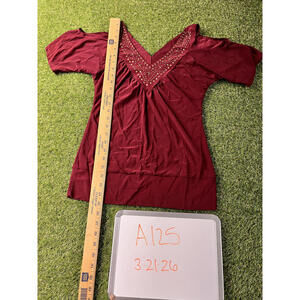 Liberty Wear Burgundy Studded V-Neck Top, Small, Made in USA